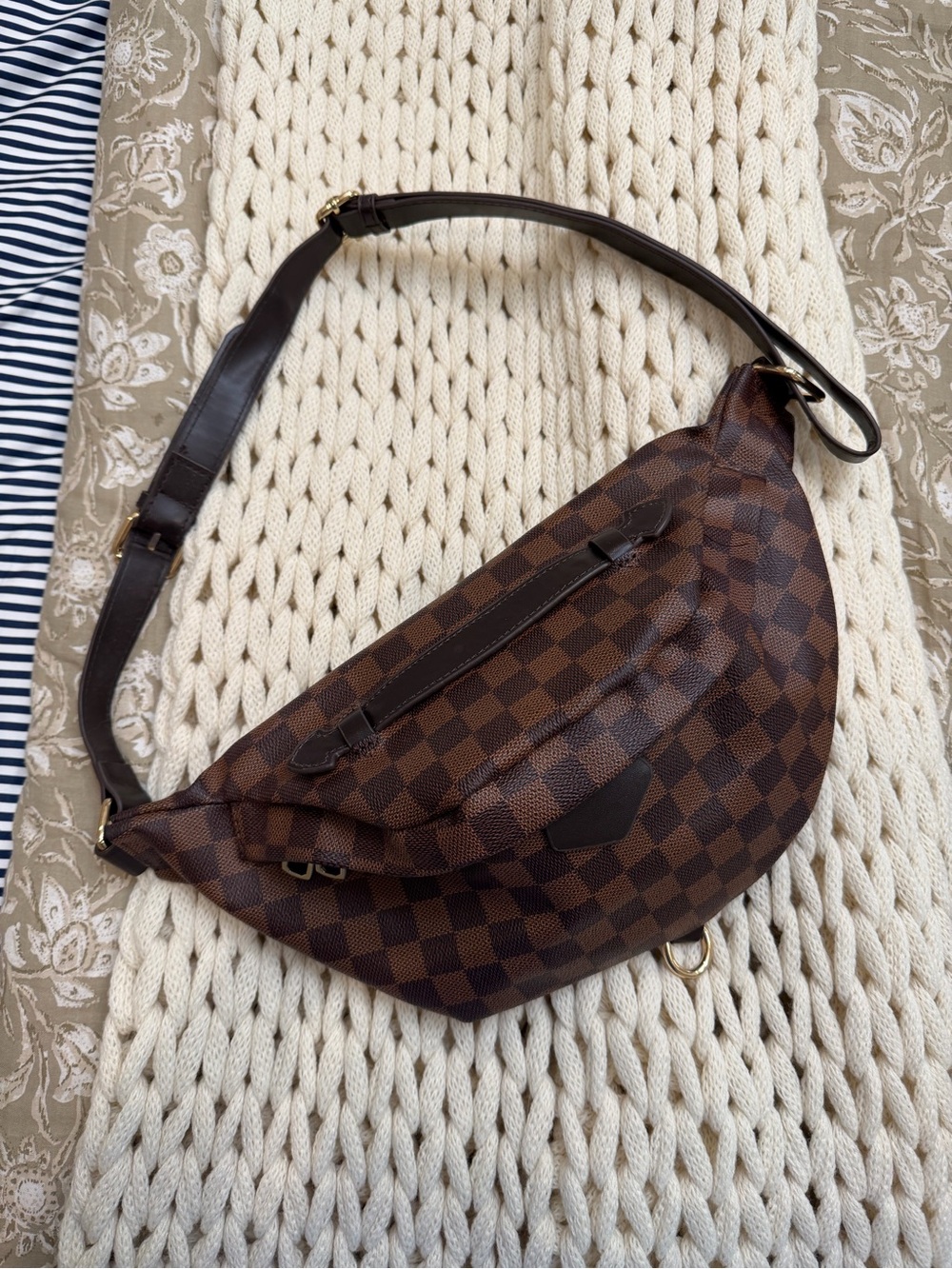Brown Checkered Women’s Belt Bag with Gold Hardware